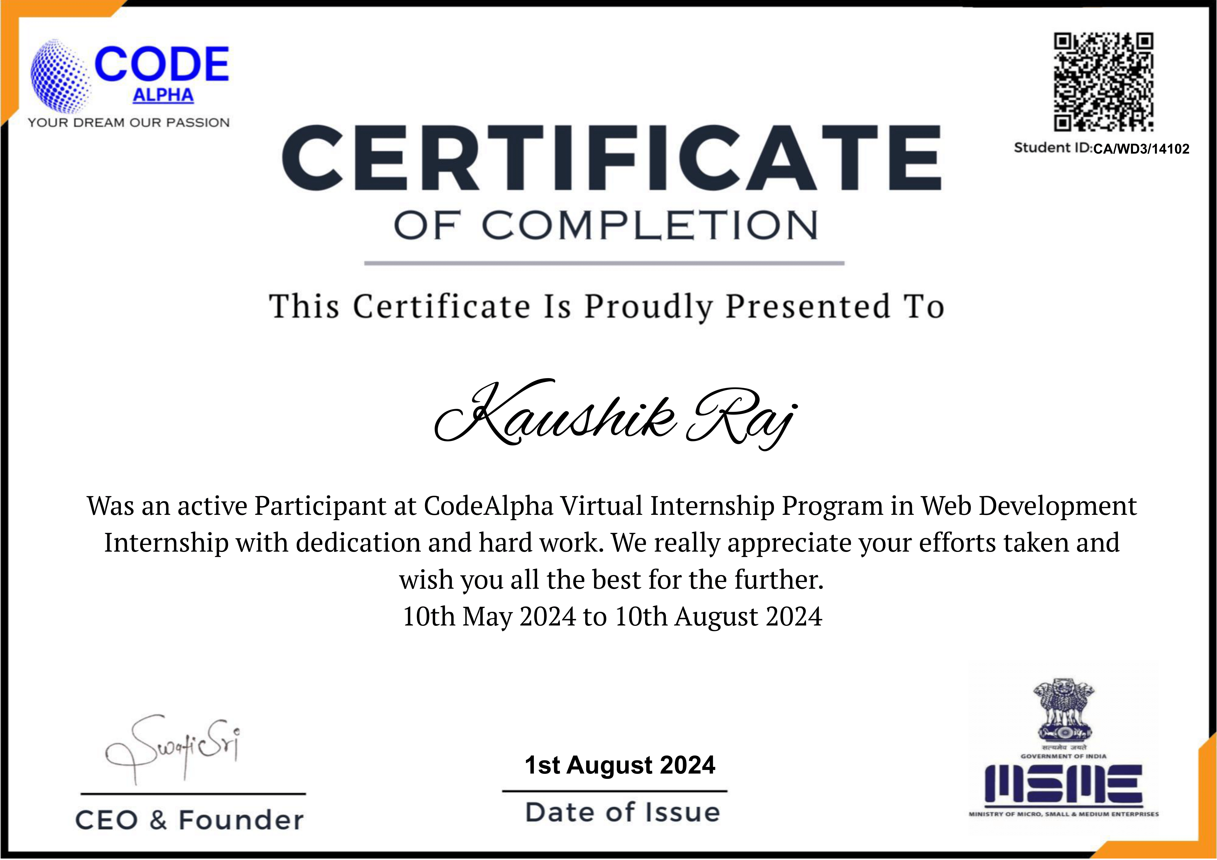 Web Development Internship Certificate CodeAlpha